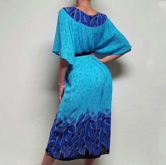 VINTAGE Aqua Blue Tropical Palm Leaf Flutter Sleeve Belted Pocket Dress Mumu - Picture 3 of 15